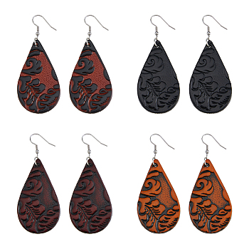 4 Pairs 4 Colors PU Leather Dangle Earrings with Steel Iron Pins, Teardrop, Mixed Color, 79x32mm, 1 pair/color