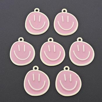 Spray Painted Alloy Pendants,  Cadmium Free & Lead Free, with Pink Enamel, Smiling Face, Light Goldenrod Yellow, 24x20x1mm, Hole: 2mm