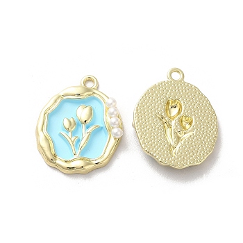 Alloy Enamel Pandants, with ABS Plastic Imitation Pearl, Lead Free & Cadmium Free, Light Gold, Oval with Flower, Light Blue, 23.5x19x4.5mm, Hole: 1.8mm