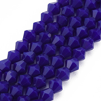 Opaque Solid Color Glass Beads Strands, Imitation Jade, Faceted, Bicone, Dark Blue, 4.5x4mm, Hole: 1mm, about 92~96pcs/strand, 13.78~14.37 inch