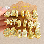 9 Pairs CCB Plastic Textured Stud Earrings, Teardrop & Shell Shape & Starfish, Gold, 17~28mm(FS-WGE96FE-01)