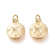 Brass Charms, with Jump Rings, Long-Lasting Plated, Compass, Real 18K Gold Plated, 15.2x12x2mm, Jump Rings: 5x1mm, Inner Diameter: 3mm(KK-L006-007G)