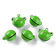 Baking Painted Brass Bell Pendants, Frog, Lime Green, 19x21x14.5mm, Hole: 2mm(X-KKB-S002-004)