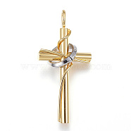 304 Stainless Steel Pendants, Cross with Circle, Golden & Stainless Steel Color, 36x17x10mm, Hole: 4x2.5mm(STAS-H330-40GP)