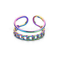 Rainbow Color 304 Stainless Steel Curb Chain Shape Cuff Ring, Hollow Open Ring for Women, US Size 9 1/2(19.3mm)(RJEW-N038-038M)