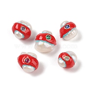 Natural Keshi Pearl with Cubic Zirconia Enamel Beads, Hand Drawn Beads, Nuggets, FireBrick, 12~16x12~15x12~15mm, Hole: 1mm(PEAR-G014-06D)