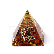 Chakra Pattern Orgonite Pyramid Resin Display Decorations, Healing Pyramids, for Stress Reduce Healing Meditation, with Brass Findings and Natural Carnelian Chips Inside, for Home Office Desk, 30.5x30.5x29.5mm(G-PW0005-03C)