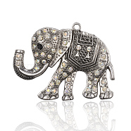 Shining Antique Silver Plated Alloy Rhinestone Elephant Big Pendants, Crystal AB, 53x72x5mm, Hole: 4mm(RB-J194-02AS)