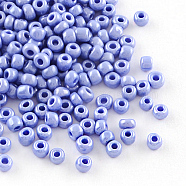 (Repacking Service Available) Glass Seed Beads, Opaque Colors Lustered, Round, Cornflower Blue, 6/0, 4mm, Hole: 1mm, about 12g/bag(SEED-C021-4mm-123B)