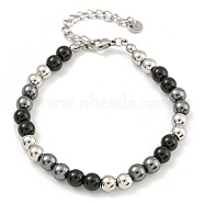 6mm Synthetic Non-magnetic Hematite & Glass & 304 Stainless Steel Round Beaded Bracelets for Women, Stainless Steel Color, 7-1/4 inch(18.4cm)(BJEW-G717-05P)