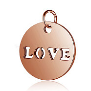 304 Stainless Steel Charms, Flat Round with Word LOVE, Rose Gold, 12x1mm, Hole: 2.5mm(STAS-S105-T520R)