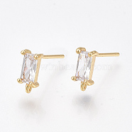 Brass Stud Earring Findings, Cubic Zirconia and Loop, Nickel Free, Real 18K Gold Plated, Rectangle, Clear, 8.5x4mm, Hole: 0.8mm, Pin: 0.8mm(X-KK-T038-492C)