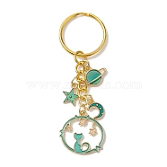 Alloy Keychain, Flat Round with Cat, Star, Moon & Planet, Golden, 7.9cm(KEYC-JKC00737)