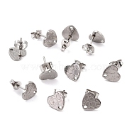 304 Stainless Steel Stud Earring Findings, with Ear Nuts, Textured Heart, Stainless Steel Color, 12x9mm, Hole: 1.4mm, Pin: 0.7mm(STAS-I183-06A-P)