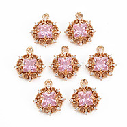 Rack Plating Brass Micro Pave Clear Cubic Zirconia Pendants, with Faceted Glass, Long-Lasting Plated, Cadmium Free & Lead Free, Flat Round, Pearl Pink, 16.5x14x5mm, Hole: 1.2mm(KK-T060-61A-RS)