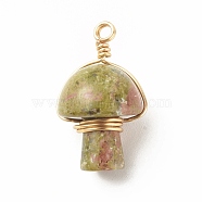 Natural Unakite Pendants, with Real 18K Gold Plated Eco-Friendly Copper Wire Wrapped, Mushroom, 28~32x16~17x16~17mm, Hole: 3mm(PALLOY-JF01134-02)