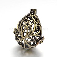 Teardrop Brass Hollow Cage Pendants, For Chime Ball Pendant Necklaces Making, Lead Free & Cadmium Free, Brushed Antique Bronze, 34x28x22.5mm, Hole: 7.5x4mm, inner: 27x19mm(KK-L083-09AB-RS)