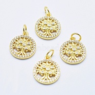 Brass Micro Pave Cubic Zirconia Charms, Long-Lasting Plated, Lead Free & Nickel Free & Cadmium Free, Flat Round with Tree, Real 18K Gold Plated, 14.5x12x2.5mm, Hole: 3mm(RB-I078-68G-NR)