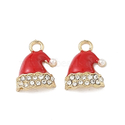 Christmas Alloy Enamel Pendants, Hat, with Rhinestone Beads and Plastic Beads, Golden, Red, 15.5x11.5x3mm, Hole: 2mm(ENAM-I073-01G)