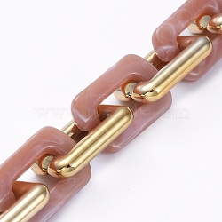 Handmade CCB Plastic Boston Link Chains, with  Imitation Gemstone Style Acrylic Links, for Jewelry Making, Golden Plated, Rosy Brown, Link: 29.8~30.2x20x5.2~5.5mm, 39.37 inch(1m)/strand(AJEW-JB00683-06)