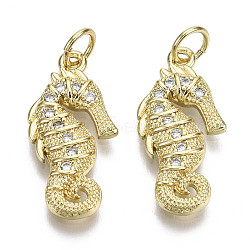 Brass Micro Pave Clear Cubic Zirconia Pendants, with Jump Ring, Nickel Free, Sea Horse Shape, Real 14K Gold Plated, 20x10x3mm, Jump Ring: 5x1mm, 3mm inner diameter(ZIRC-N039-095-NF)