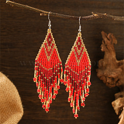 Fashionable Tassel Dangle Earrings, with Geometric Glass Beads, Perfect for Daily Wear, Platinum, Red, 110~115x28~30mm(XU6080-1)