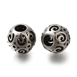 304 Stainless Steel European Beads, Large Hole Beads, Round with Vortex, Antique Silver, 9.5x9mm, Hole: 4mm(STAS-D191-07B-AS)