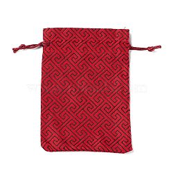 Brocade Jewelry Storage Bag, Drawstring Bag, Rectangle with Fret Pattern, Crimson, 14.5x10x0.1cm(ABAG-H108-01B)
