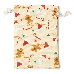 Christmas Theme Cloth Printed Storage Bags, Drawstring Bags, Rectangle, Beige, 14x10x0.4cm(ABAG-F010-02A-04)