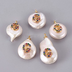 Natural Cultured Freshwater Pearl Pendants, with Brass Cubic Zirconia Cabochons, Long-Lasting Plated, Nuggets with Letter, Colorful, Real 18K Gold Plated, Letter.G, 17~23x13~16x6~11mm, Hole: 1.4~1.6mm(PEAR-F008-32G-G)