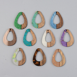 Resin & Walnut Wood Pendants, Teardrop, Mixed Color, 37.5x38x3mm, Hole: 2mm(RESI-S389-026A)