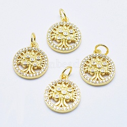 Brass Micro Pave Cubic Zirconia Charms, Long-Lasting Plated, Lead Free & Nickel Free & Cadmium Free, Flat Round with Tree, Real 18K Gold Plated, 14.5x12x2.5mm, Hole: 3mm(RB-I078-68G-NR)