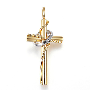 304 Stainless Steel Pendants, Cross with Circle, Golden & Stainless Steel Color, 36x17x10mm, Hole: 4x2.5mm