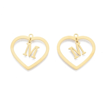 201 Stainless Steel Pendants, Hollow, Heart with Letter A~Z, Real 18K Gold Plated, Letter.M, 29x29.5x1mm, Hole: 2mm, A~Z: 12x8~10.5x1mm