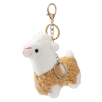 Cute Alpaca Cotton Keychain, with Iron Key Ring, for Bag Decoration, Keychain Gift Pendant, Tan, 15cm