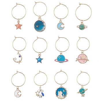 Alloy Enamel Wine Glass Charms, Planet & Star & Moon, Mixed Color, 43~56x24~25mm, 12pcs/set