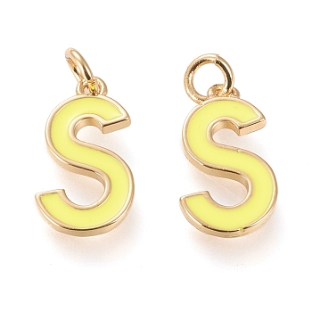 Brass Enamel Pendants, with Jump Ring, Long-Lasting Plated, Real 18K Gold Plated, Letter.S, Champagne Yellow, Letter.S, S: 17x9.5x1.8mm, Jump Rings: Inner Diameter: 3mm