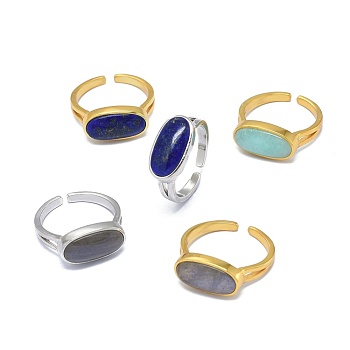 Adjustable Natural Gemstone Finger Rings, with Brass Findings, Oval, Size 6, 17mm