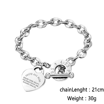 Stainless Steel Love Heart Charm Bracelets for Women, Stainless Steel Color, 8-1/4 inch(21cm)