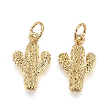 Brass Pendants, with Jump Rings, Long-Lasting Plated, Cactus, Real 18K Gold Plated, 13.5x9x3mm, Hole: 3mm