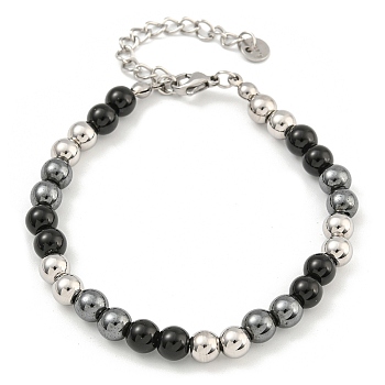 6mm Synthetic Non-magnetic Hematite & Glass & 304 Stainless Steel Round Beaded Bracelets for Women, Stainless Steel Color, 7-1/4 inch(18.4cm)