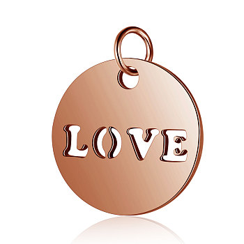 304 Stainless Steel Charms, Flat Round with Word LOVE, Rose Gold, 12x1mm, Hole: 2.5mm