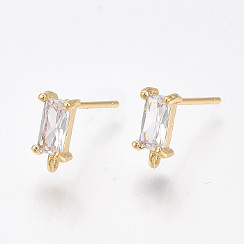 Brass Stud Earring Findings, Cubic Zirconia and Loop, Nickel Free, Real 18K Gold Plated, Rectangle, Clear, 8.5x4mm, Hole: 0.8mm, Pin: 0.8mm