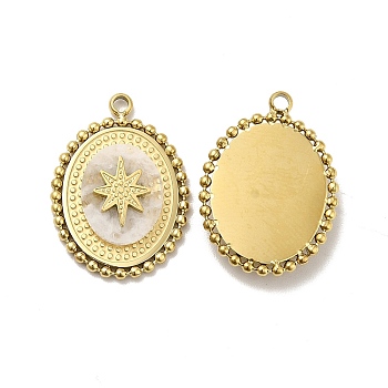 Natural White Jade Pendants, Eight Pointed Star Charm, with Golden Tone 304 Stainless Steel Findings, Oval Shape, 19x14x3.5mm, Hole: 1.4mm