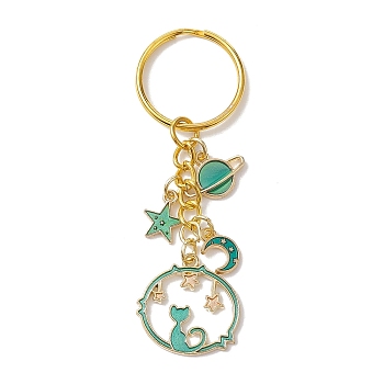 Alloy Keychain, Flat Round with Cat, Star, Moon & Planet, Golden, 7.9cm