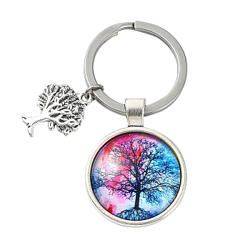 Alloy Glass Keychains, with 304 Stainless Steel Keychain Clasps, Flat Round, Cerise, 6.2cm