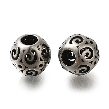 304 Stainless Steel European Beads, Large Hole Beads, Round with Vortex, Antique Silver, 9.5x9mm, Hole: 4mm