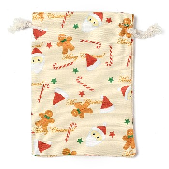 Christmas Theme Cloth Printed Storage Bags, Drawstring Bags, Rectangle, Beige, 14x10x0.4cm