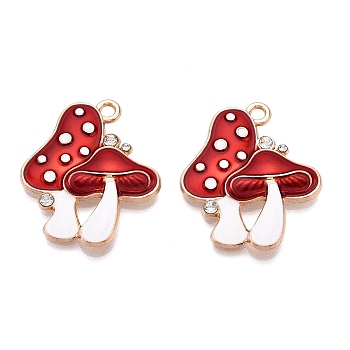 Thanksgiving Day Theme Alloy Rhinestone Pendants, with Enamel, Lead Free & Cadmium Free, Mushroom Charm, FireBrick, 29x24.5x2.5mm, Hole: 2mm