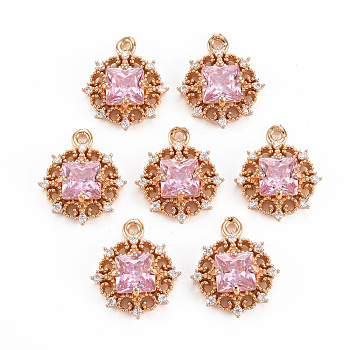 Rack Plating Brass Micro Pave Clear Cubic Zirconia Pendants, with Faceted Glass, Long-Lasting Plated, Cadmium Free & Lead Free, Flat Round, Pearl Pink, 16.5x14x5mm, Hole: 1.2mm